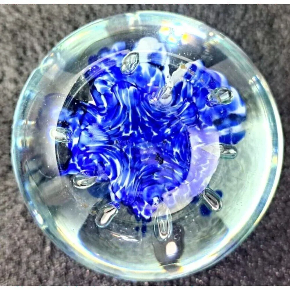 Unbranded Glass Paperweight White Blue Clear Controlled Bubbles Polished Bottom